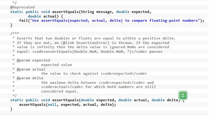 The method assertEquals(double, double) from the type Assert is deprecated